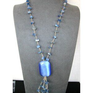 Blue & Clear Beaded Necklace With Rectangular Pendant